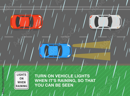 Safe driving tips and traffic regulation rules. United States "lights on when raining" sign meaning. Top view of a traffic flow in rainy weather. Flat vector illustration template.