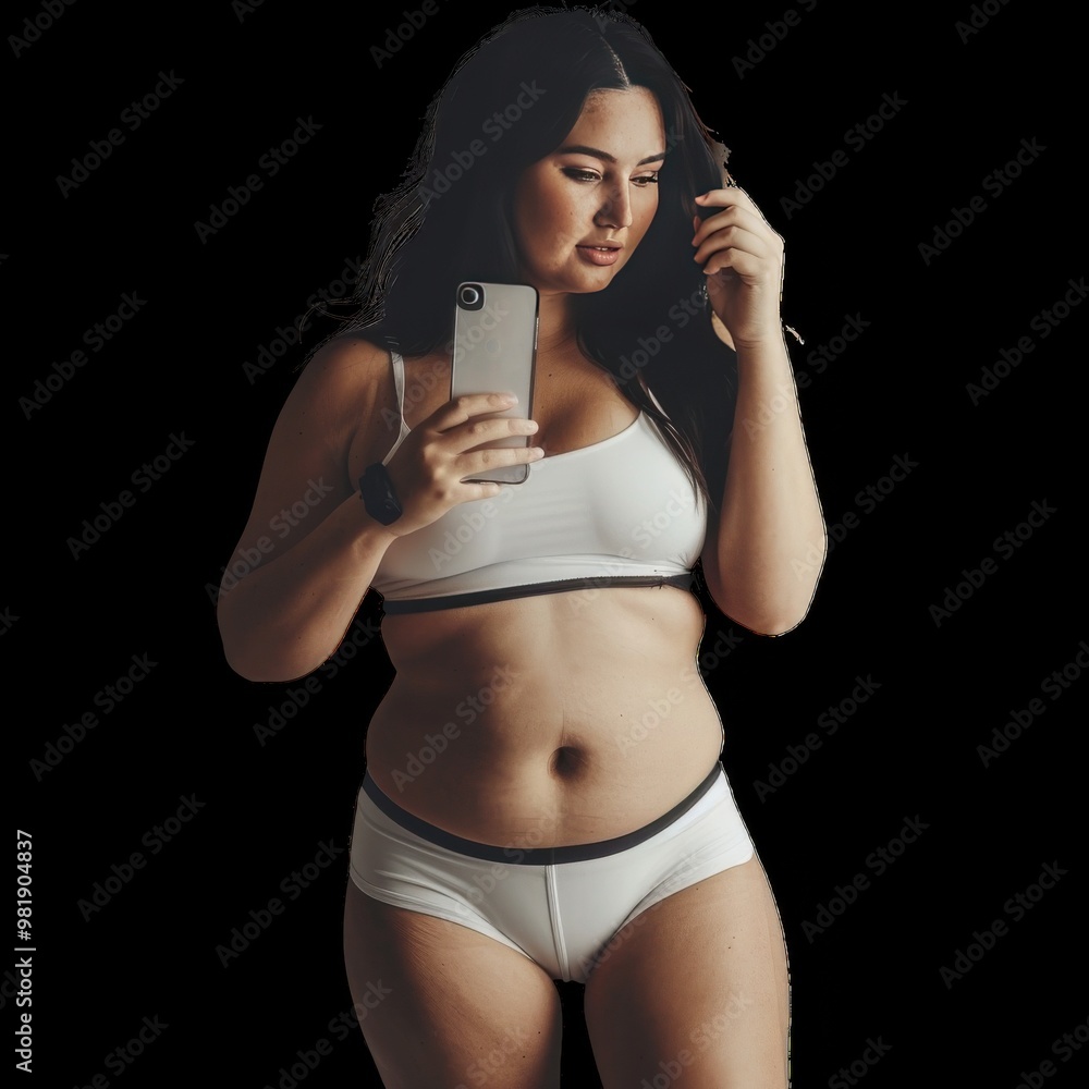 Woman taking a self-portrait in white activewear at home Woman taking a self-portrait in white activewear at home