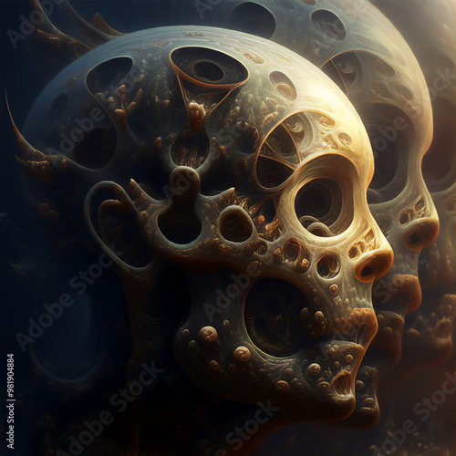 Digital artwork featuring a sci-fi fantasy skull. photo