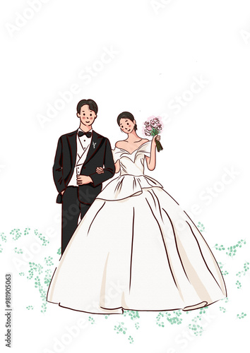 bride and groom with bouquet