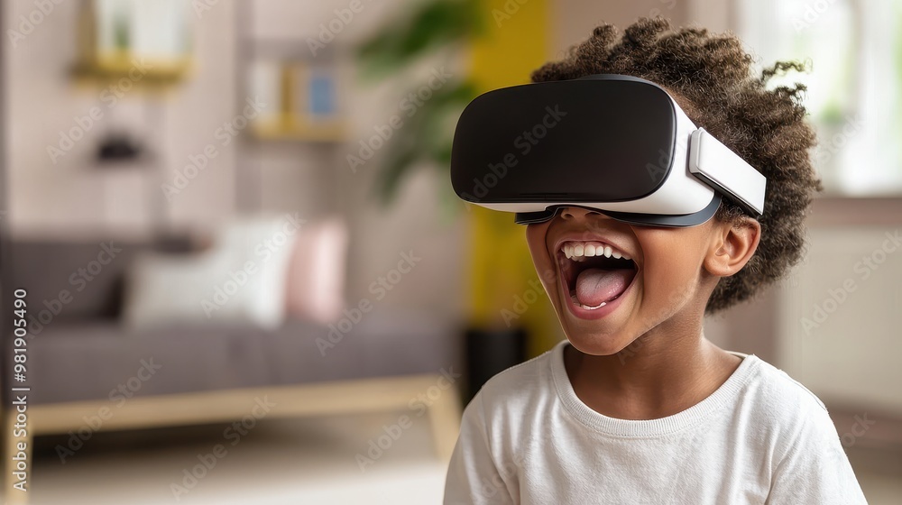 Excited Kid Wearing VR Headset and Smiling Excited Kid Wearing VR Headset and Smiling