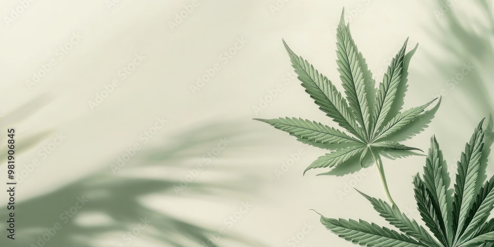 Green Cannabis Leaves with Shadows on a Light Green Background Green Cannabis Leaves with Shadows on a Light Green Background