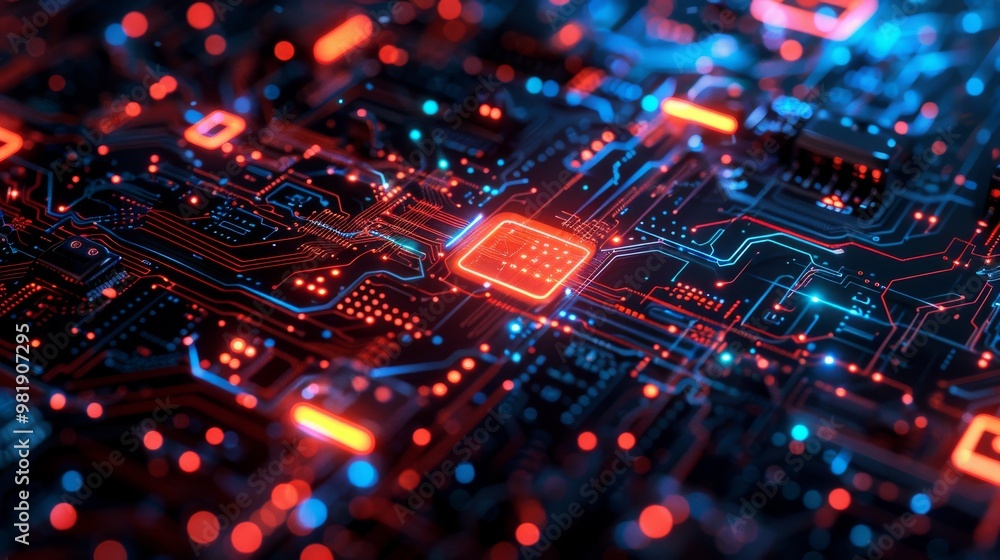 A close up of a computer chip with red and blue lights A close up of a computer chip with red and blue lights