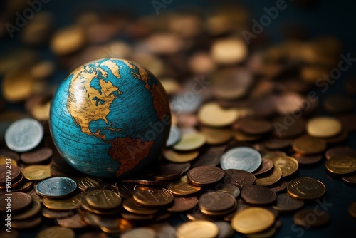 A small globe resting on a pile of coins, symbolizing global finance.