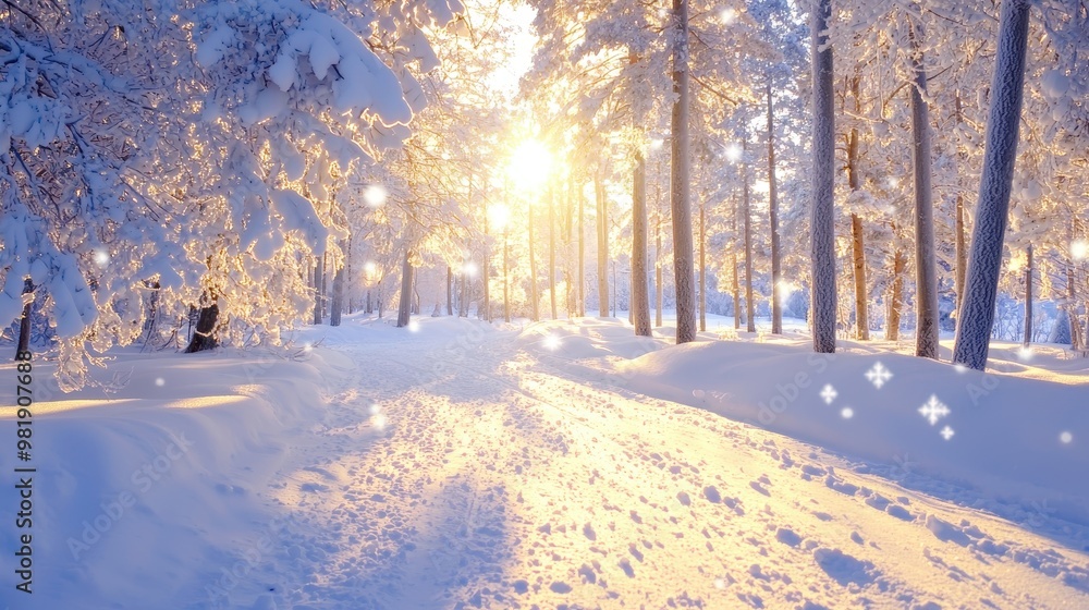 Sunlit Path Through Snowy Winter Forest Sunlit Path Through Snowy Winter Forest