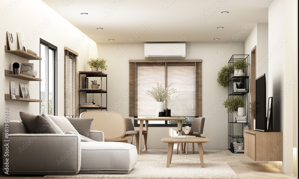 Modern minimalist living room with warm tones and simple furniture, complemented by natural light and cozy decor. Featuring wooden elements, plants, and 3D rendering for a relaxing atmosphere. Modern minimalist living room with warm tones and simple furniture, complemented by natural light and cozy decor. Featuring wooden elements, plants, and 3D rendering for a relaxing atmosphere.