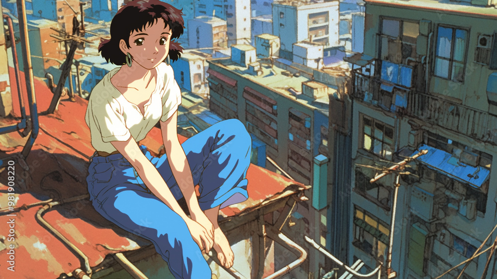 70年代、80年代のシティポップを意識した女性のアニメ風イラスト,レトロポップ,日本人,懐かしい,エモい,J-pop,エモーショナル,チル,背景素材 70年代、80年代のシティポップを意識した女性のアニメ風イラスト,レトロポップ,日本人,懐かしい,エモい,J-pop,エモーショナル,チル,背景素材
