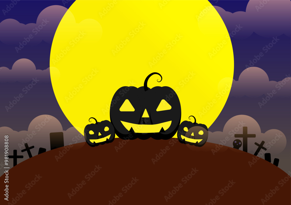 The atmosphere on Halloween night is dark, with pumpkin ghosts, skulls, clouds, moonlight, and cemetery landscapes as the background. Vector illustration The atmosphere on Halloween night is dark, with pumpkin ghosts, skulls, clouds, moonlight, and cemetery landscapes as the background. Vector illustration