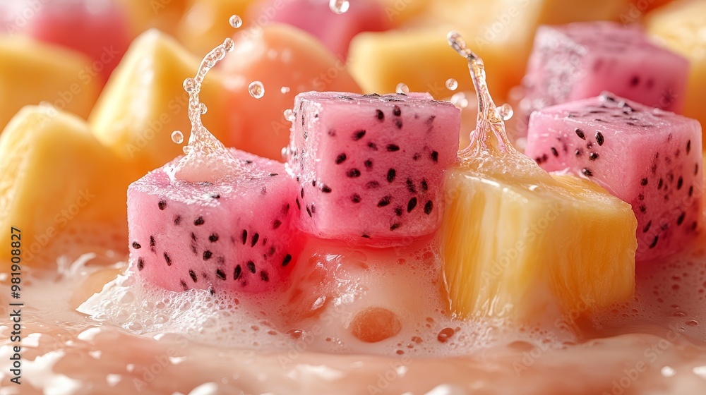 Fresh Dragon Fruit and Pineapple Splashing in Smoothie Fresh Dragon Fruit and Pineapple Splashing in Smoothie