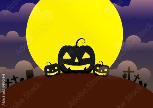 The atmosphere on Halloween night is dark, with pumpkin ghosts, skulls, clouds, moonlight, and cemetery landscapes as the background. Vector illustration
