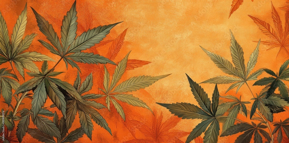 Green Cannabis Leaves on an Orange Background Green Cannabis Leaves on an Orange Background