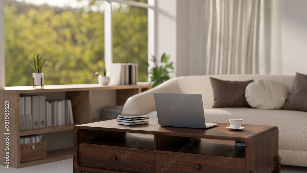 Fototapeta premium A laptop sits on a hardwood coffee table in a cozy, contemporary living room.
