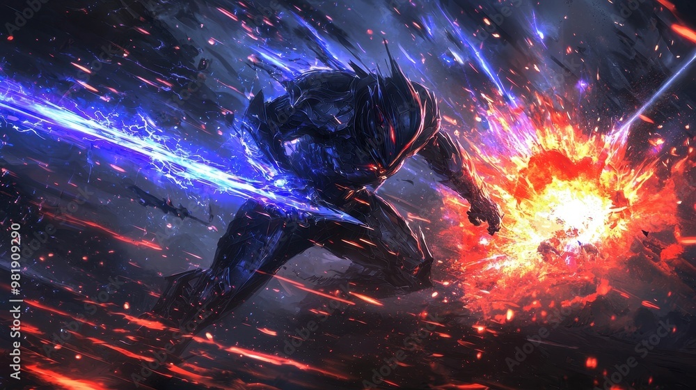 Futuristic Warrior Fighting Against Fire and Explosion Futuristic Warrior Fighting Against Fire and Explosion