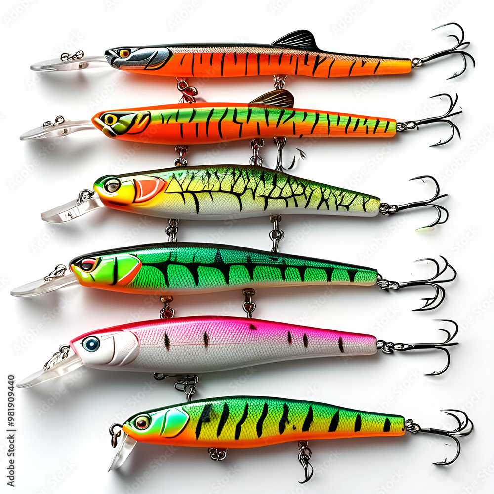 a whole view of fishinglure on white background, view from above, editorial photography a whole view of fishinglure on white background, view from above, editorial photography