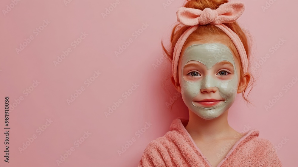 Thoughtful ginger girl wears headband and robe, applies beauty mask. Thoughtful ginger girl wears headband and robe, applies beauty mask.
