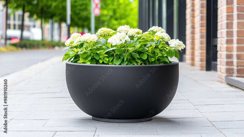 Black Round Pot with White Flowers on a Brick Sidewalk Black Round Pot with White Flowers on a Brick Sidewalk