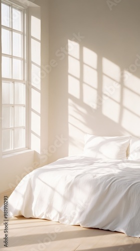 Bright and serene bedroom with soft sunlight streaming through the window, creating beautiful shadows on the clean bedding.