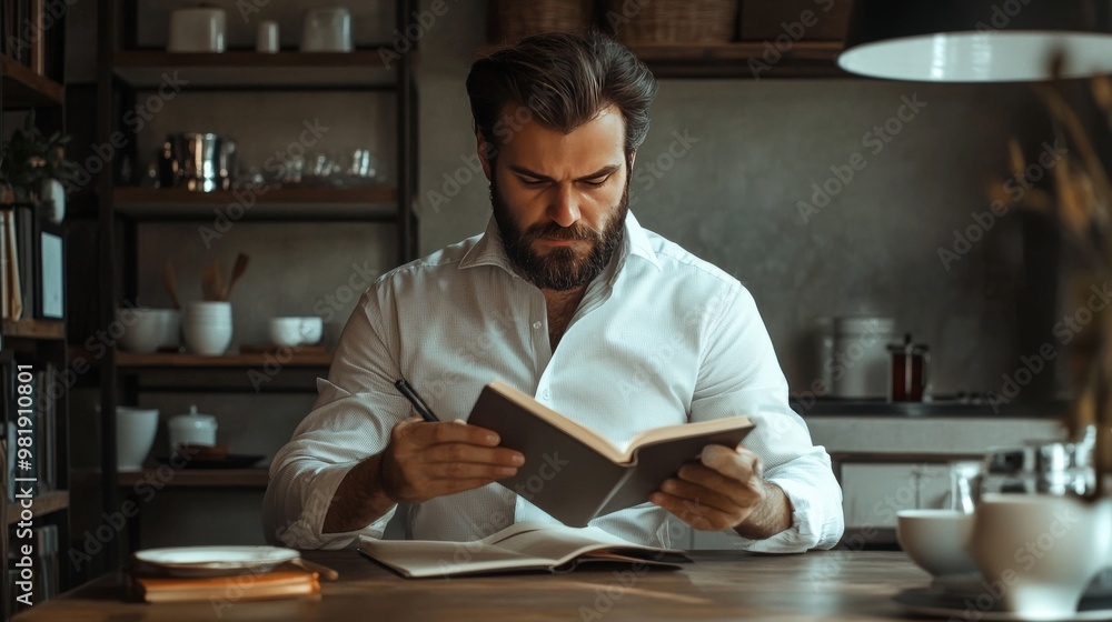 Bearded man reading and drinking coffee by table in kitchen, looking at camera. Bearded man reading and drinking coffee by table in kitchen, looking at camera.