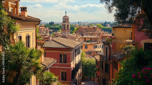 Gianicolo Hill's view of Trastevere in Rome, Italy