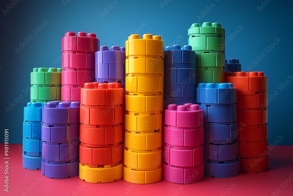 Colorful Plastic Building Blocks Towers on Red Background Colorful Plastic Building Blocks Towers on Red Background