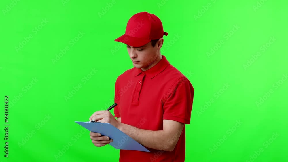 A young man wearing a red cap and polo shirt stands in front of a vibrant green background, diligently writing notes on a clipboard with a pen in hand, focusing on his task. A young man wearing a red cap and polo shirt stands in front of a vibrant green background, diligently writing notes on a clipboard with a pen in hand, focusing on his task.