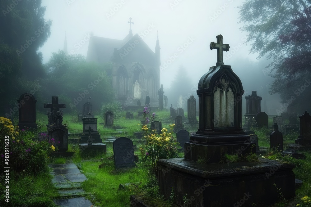 A Graveyard in the Mist, with a Church in the Distance A Graveyard in the Mist, with a Church in the Distance