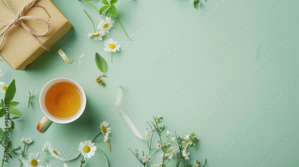 Top view of a get well soon gift, clean light green background, herbal tea, caring and soothing. Top view of a get well soon gift, clean light green background, herbal tea, caring and soothing.