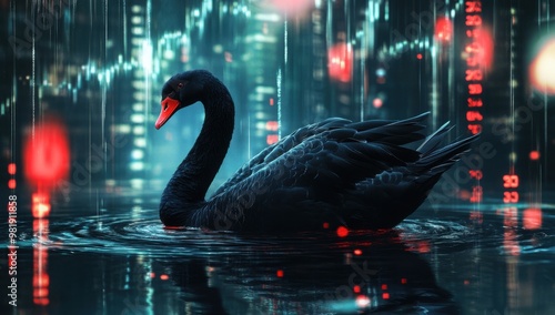 Fototapeta Naklejka Na Ścianę i Meble -  A striking digital art piece illustrating the black swan concept in the stock market, showcasing unexpected events