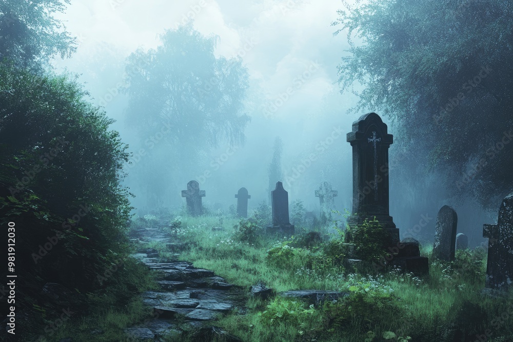 Stone Pathway Leading Through a Foggy Graveyard Stone Pathway Leading Through a Foggy Graveyard