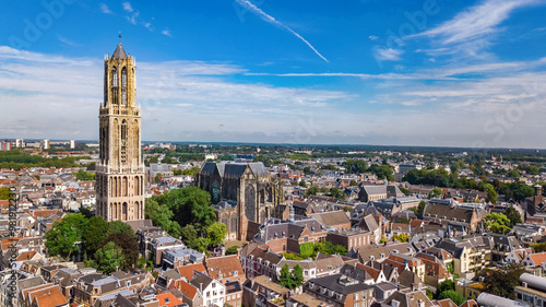 Utrecht town аerial drone view from above, typical Dutch city skyline, Utrecht cityscape with tower, canals and houses, Holland, Netherlands