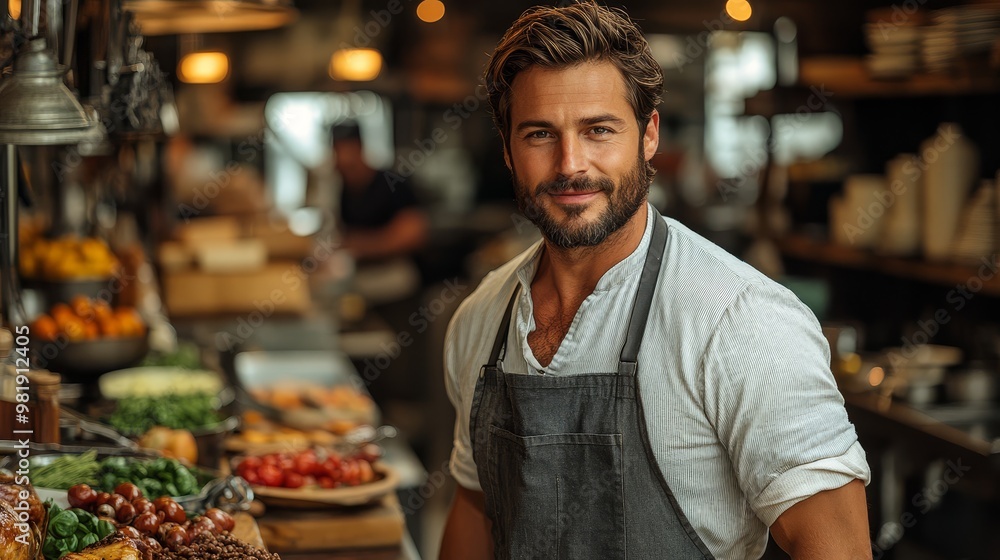 Handsome Chef in Apron Standing in a Restaurant Kitchen