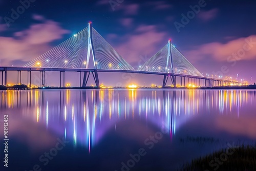 Photograph of the massive new bridge across an island in Galveston at night photo