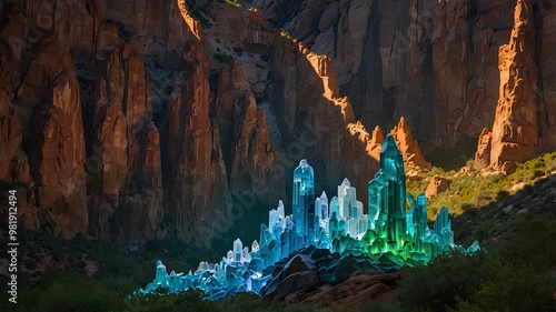 Crystal Canyons. Sunlight reflecting off crystal walls and rainbow-colored light beams creating a magical and serene atmosphere. Realistic style. photo