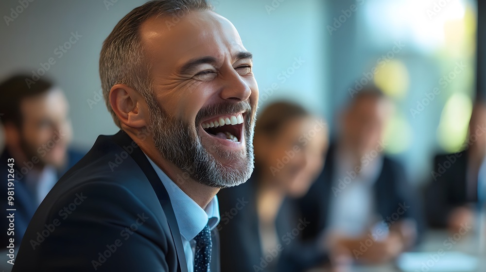 A Man in a Suit Laughing Joyfully at a Meeting A Man in a Suit Laughing Joyfully at a Meeting