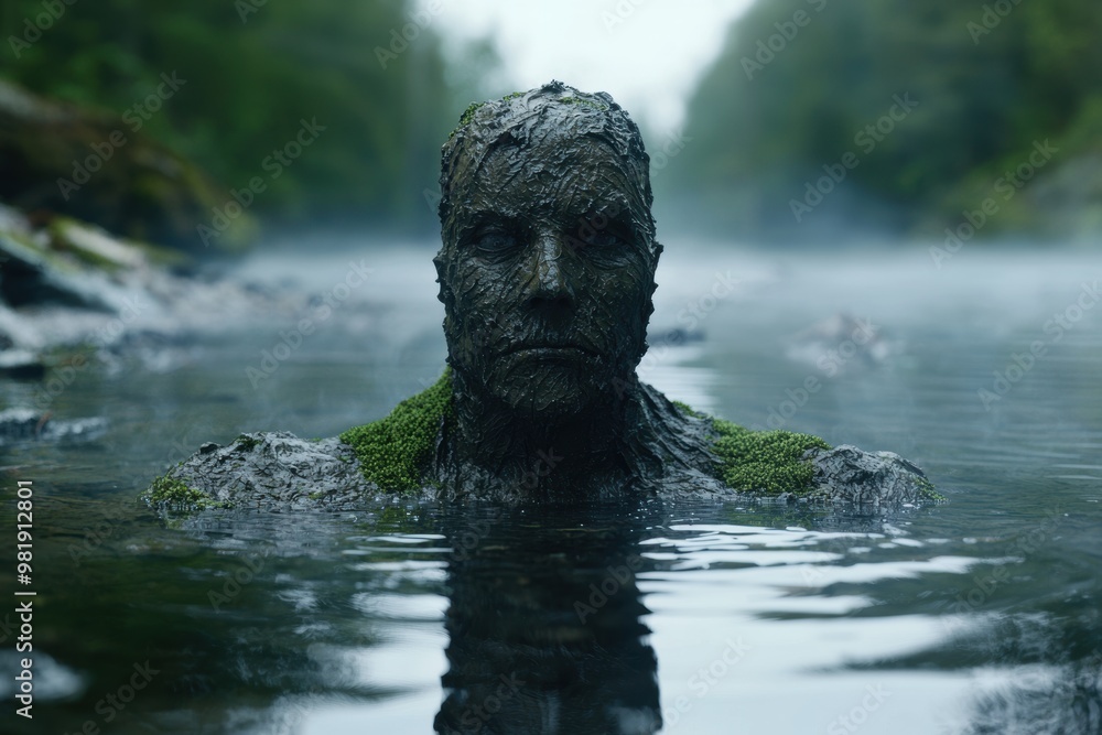 Fototapeta premium mysterious moss-covered figure emerging from a misty lake