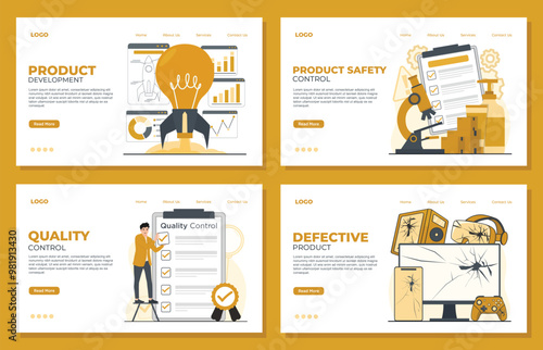product quality control landing page template concept product development, safety, quality, defective set 