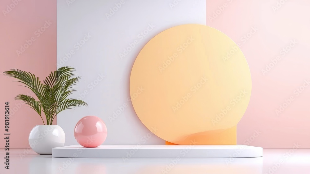 Fototapeta premium Minimalist Product Display with Palm and Pastel Colors