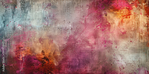 Abstract background combining textured colors and patterns, featuring vibrant hues of pink, orange, and gray. This artistic design evokes sense of creativity and depth