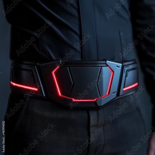 futuristic sci-fi utility belt with glowing red lights