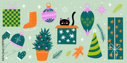 Christmas vector flat cartoon illustration set with winter holiday decorations design elements, festive ornament, xmas bauble, mistletoe, lantern, tree, gift box, cat, toys, retro sticker collection
