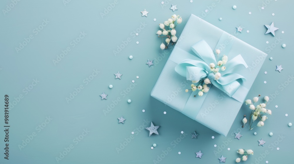 Top view of a gift box with a congratulatory card, clean light blue background, small stars, small flowers, celebratory and uplifting. Top view of a gift box with a congratulatory card, clean light blue background, small stars, small flowers, celebratory and uplifting.