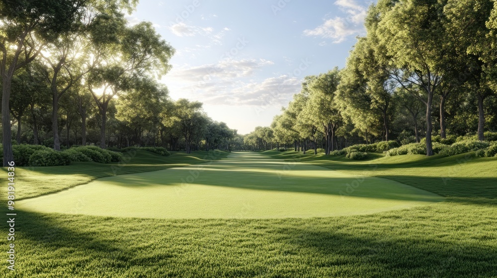 Lush golf course landscape under a clear sky. Lush golf course landscape under a clear sky.