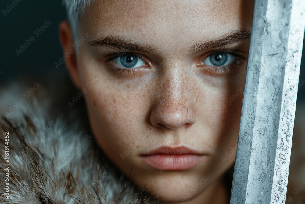 Intense gaze of a young person with striking blue eyes Intense gaze of a young person with striking blue eyes