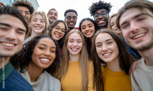 Big group of young adult happy friends smiling taking a selfie portrait