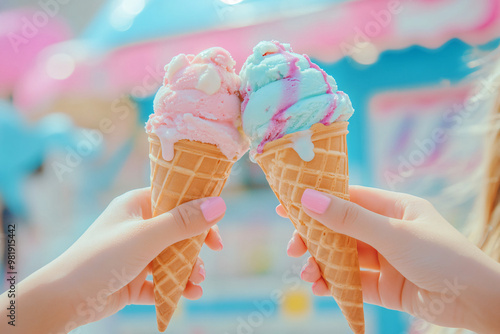 two girls hands holding icecream cones, touching them togther lik a 'cheers' action, fun photography, social media style, daylight vibes, blue and pink Icecream stand in background in sif focus photo