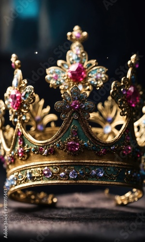 low key image of beautiful queen/king crown. vintage filtered. fantasy medieval period. selective focus. ai generative