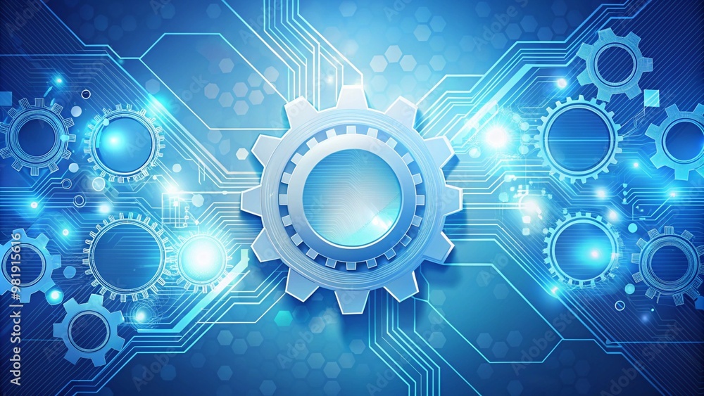Vector illustration gear wheel, hexagons and circuit board, Hi-tech digital technology and engineering, digital telecom technology concept. Abstract futuristic on light blue color background Vector illustration gear wheel, hexagons and circuit board, Hi-tech digital technology and engineering, digital telecom technology concept. Abstract futuristic on light blue color background