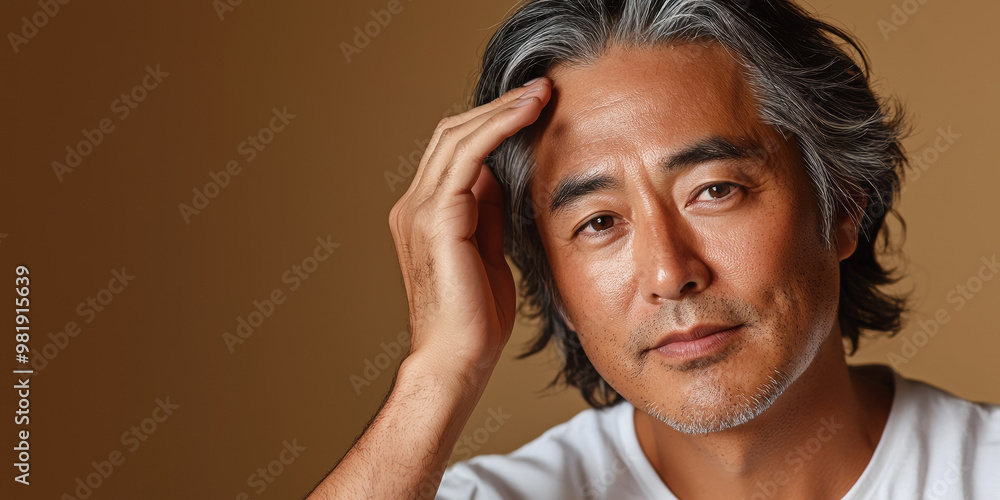 Fototapeta premium A middle-aged man with gray hair touching his head, generative AI