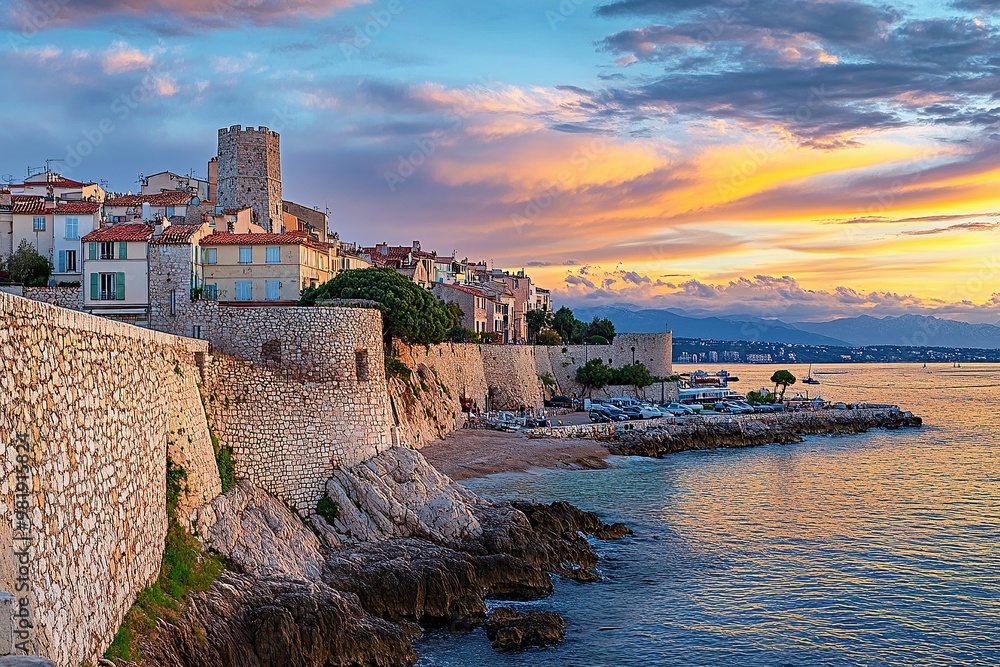 Photo of Antibes in France, the city walls and buildings overlooking the sea with a cloudy sky Photo of Antibes in France, the city walls and buildings overlooking the sea with a cloudy sky