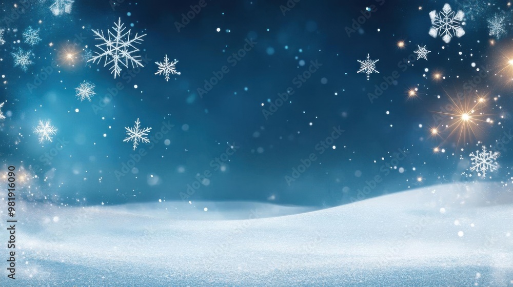 A tranquil winter scene with sparkling snowflakes against a serene blue background, perfect for holiday themes and seasonal designs. A tranquil winter scene with sparkling snowflakes against a serene blue background, perfect for holiday themes and seasonal designs.